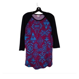 Lularoe Black Teal Blue Magenta Aztec Randy Raglan Sleeve Top XL
